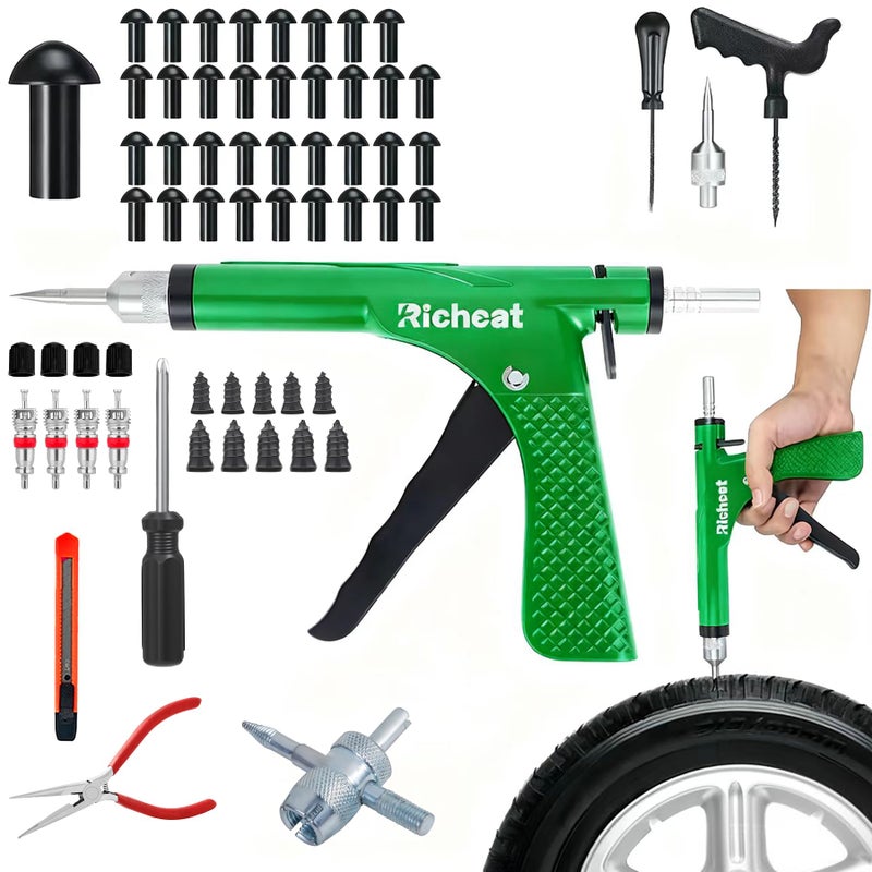 Richcat Tubeless Tire Puncture Repair Kit with Mushroom Plug Repairs punctures and Flat Tires for Motorcycles Cars Trucks ATVsGun Puncture Repair Kit